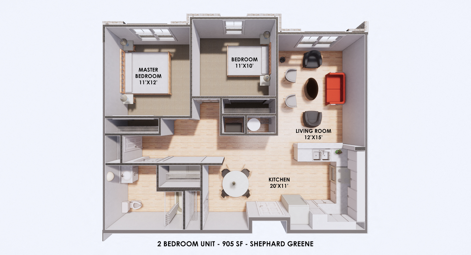 Floor plan for 2 beds, 1 bath, 905 sqft